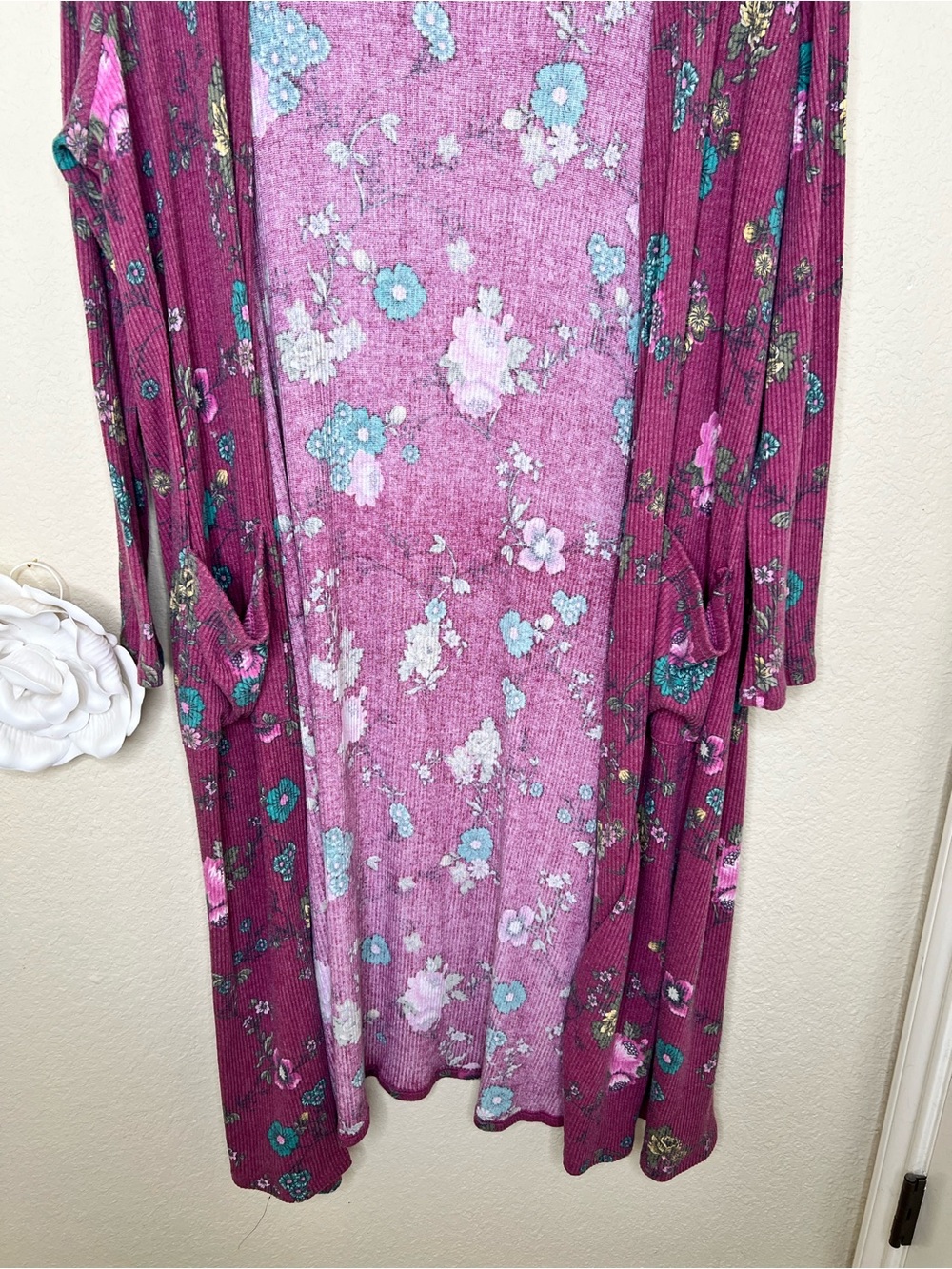 NTM: LuLaRoe Sarah Floral Duster Cardigan Large Pink Ribbed Open Front Pocketed - Picture 4 of 13